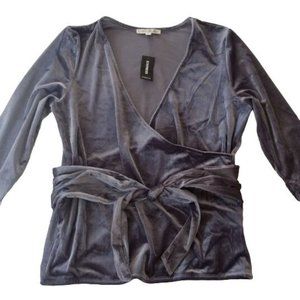 Express One Eleven XS Silver Gray Velvet Ribbed Wrap Shirt tie top blouse 0-2